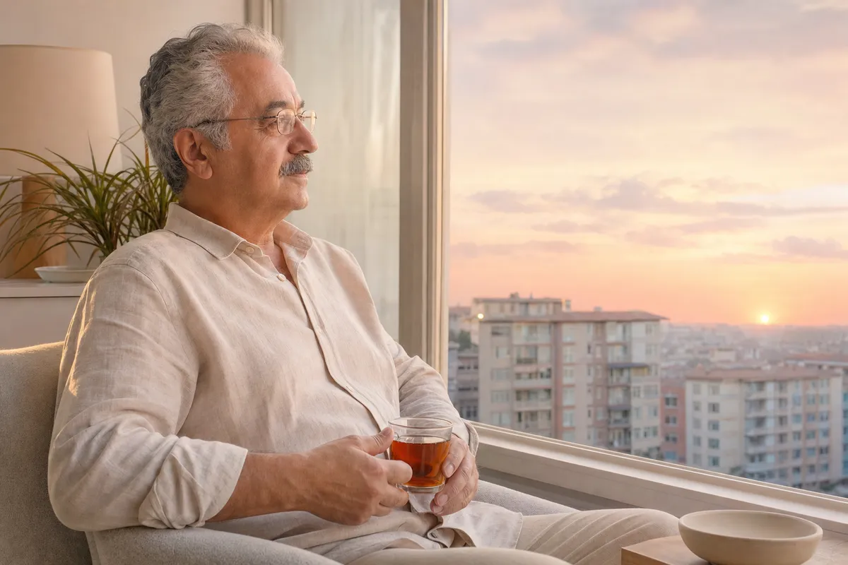 Akşam pencere kenarında çayını içip dinlenen, tansiyonunu takip eden bir adam